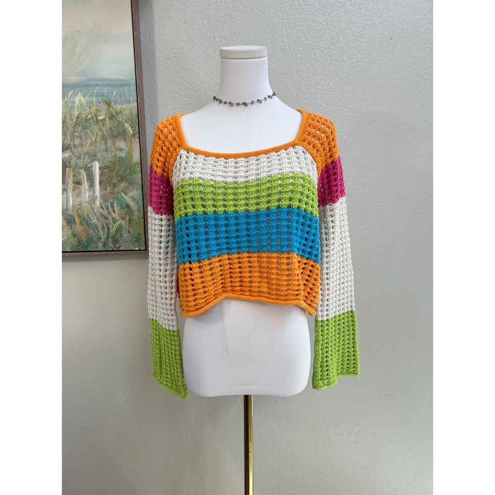 Colorblock Crochet Sweater Size S Boho Beach Coastal Festival 100% Cotton